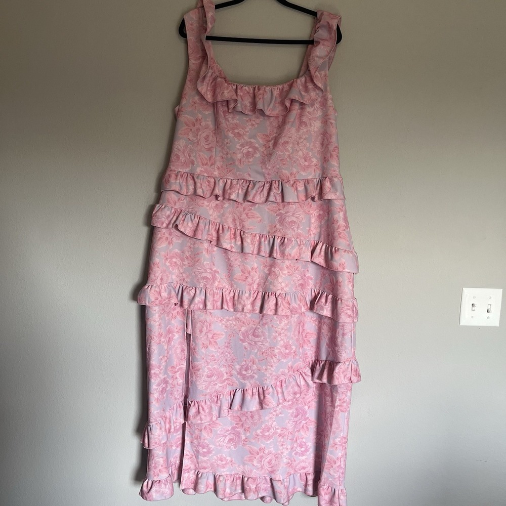 Show Me Your Mumu Greta Dress Size 2X Pink Blushing Floral Stretch Tiered Ruffle